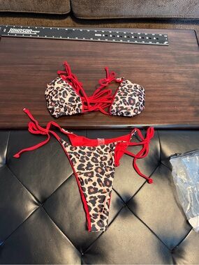 Reversible Leopard/Red String Bikini with Red Trim